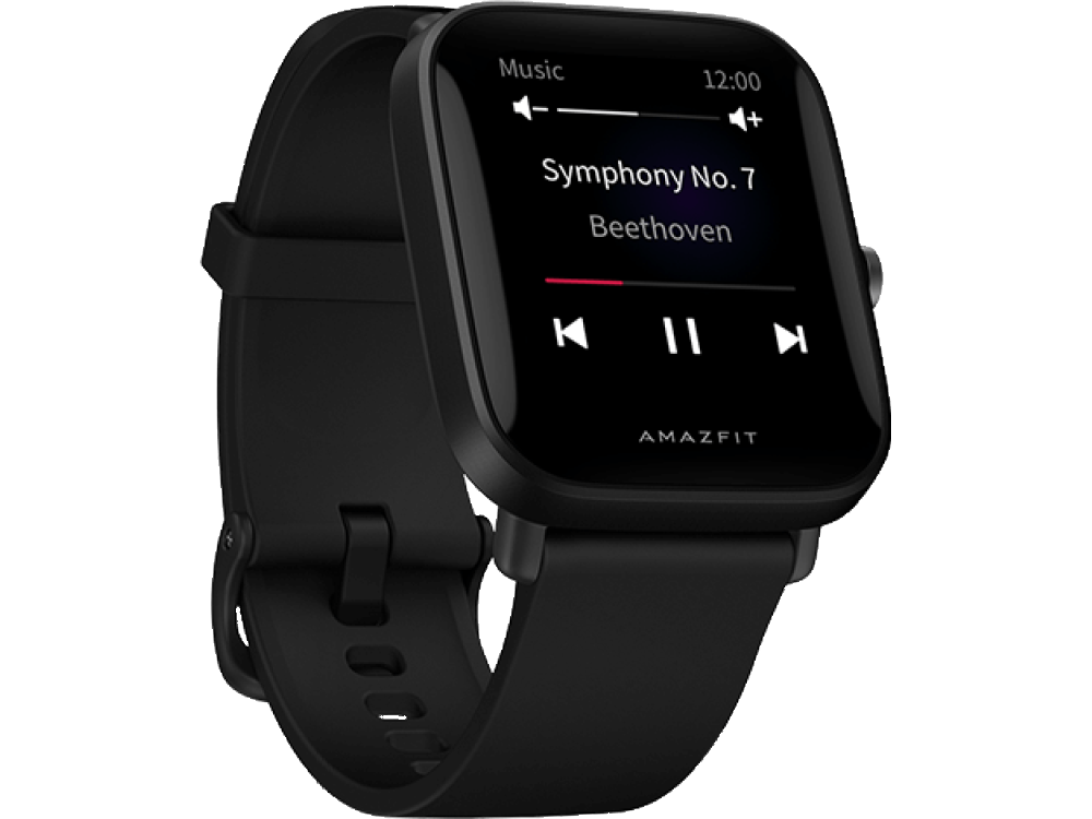 Reloj inteligente Amazfit negro que muestra controles de música con el título de una canción y la hora 12:00 en la pantalla.