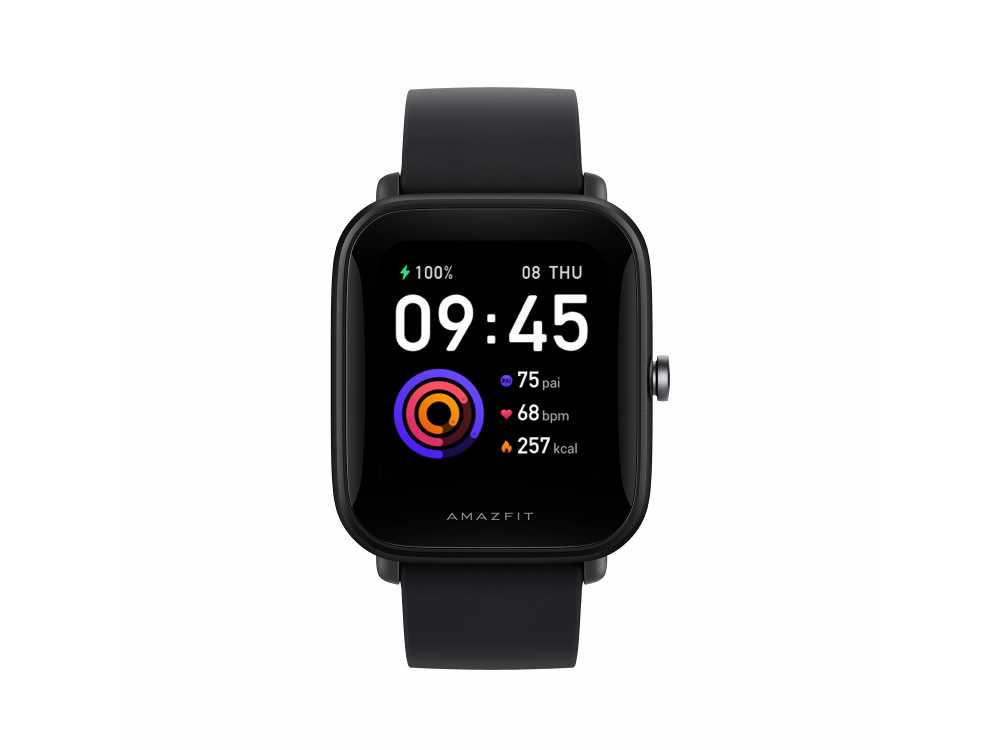 Reloj inteligente Amazfit negro con hora, fecha y datos de salud en pantalla.