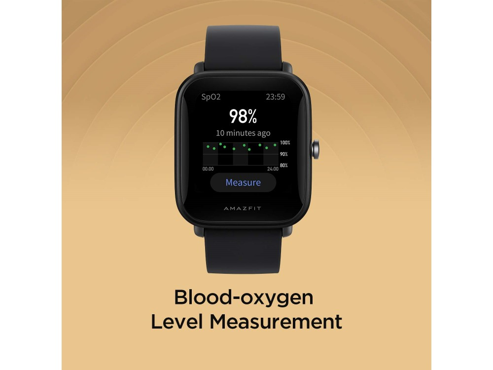 Smartwatch negra que muestra el nivel de oxígeno en sangre. Fondo dorado. Texto: Medición del nivel de oxígeno en sangre.