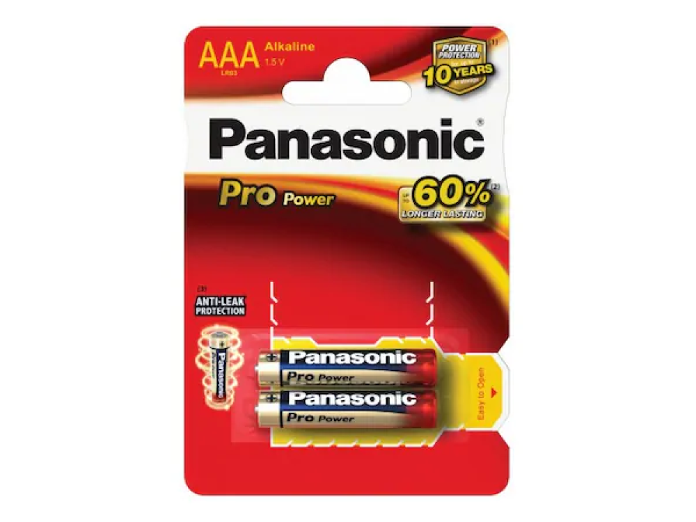 Paquete de baterías Panasonic Pro Power rojo y blanco con dos pilas AAA.