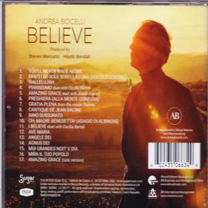 Album borító Andrea Bocelli profiljával, a 'Believe' címmel és egy számlistával.