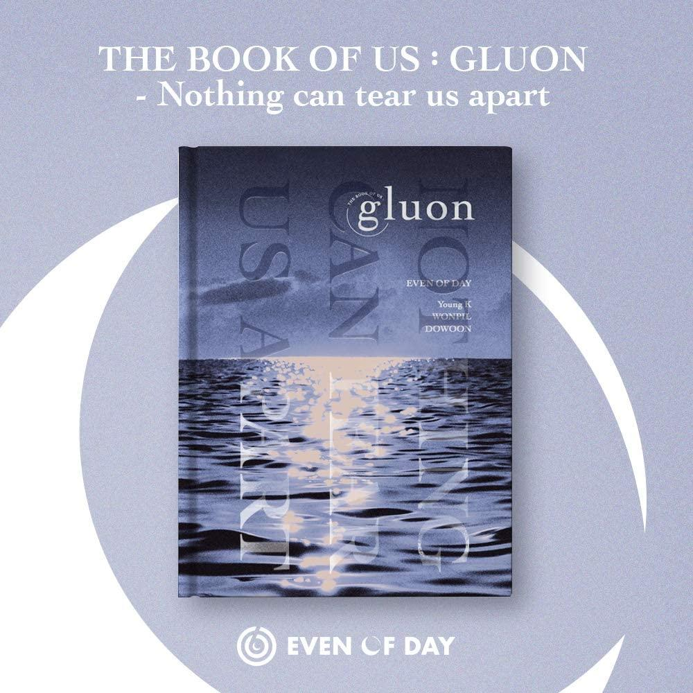 Boekomslag: "The Book of Us: Gluon". Witte tekst en een schilderachtig uitzicht op water en lucht.