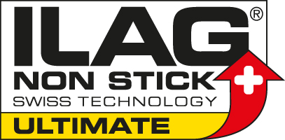ILAG Antihaft-Logo mit rotem Pfeil und Schweizer Technologie-Text auf gelbem Hintergrund.