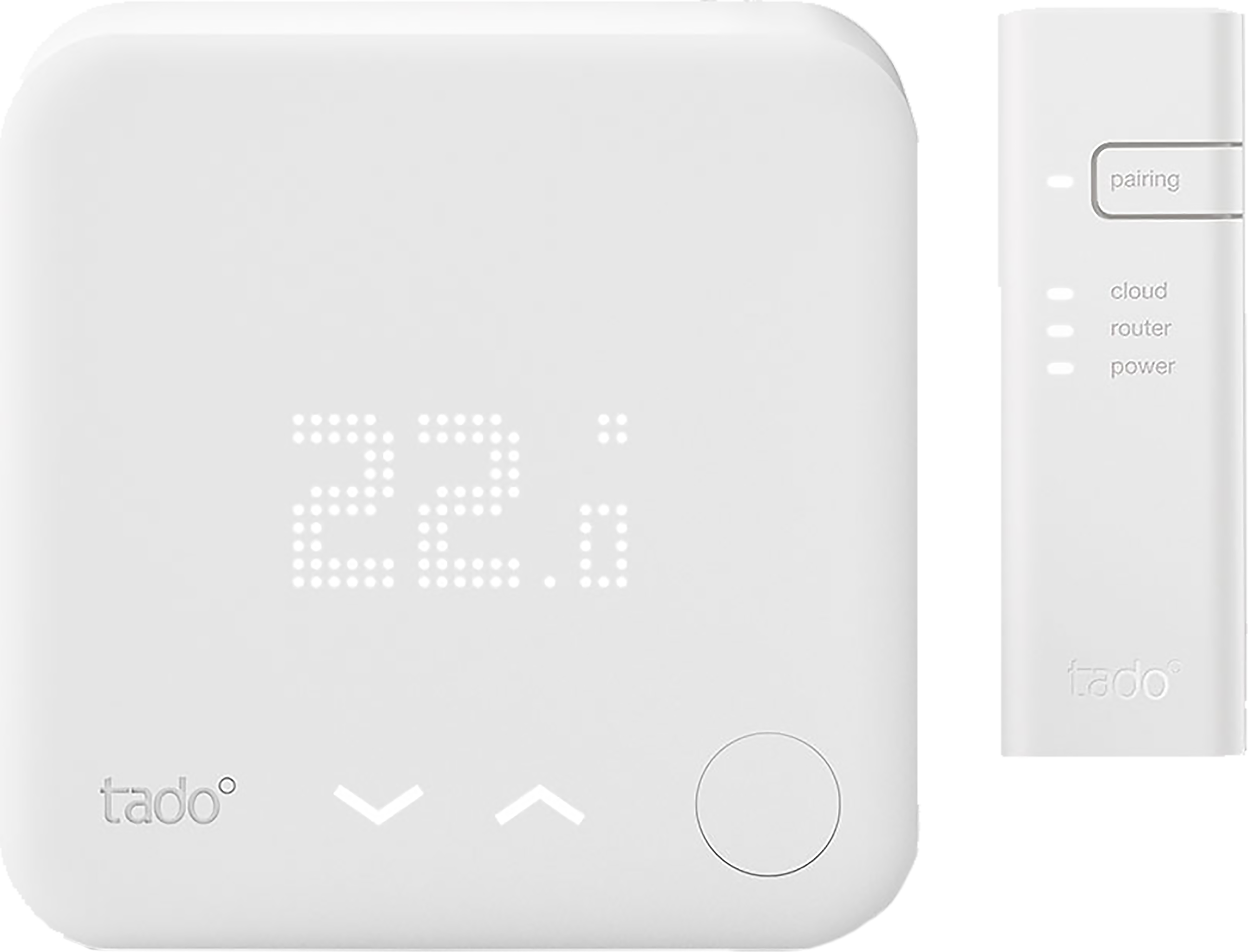 Witte slimme thermostaat met een digitaal display met '22i' en een koppelingsapparaat.