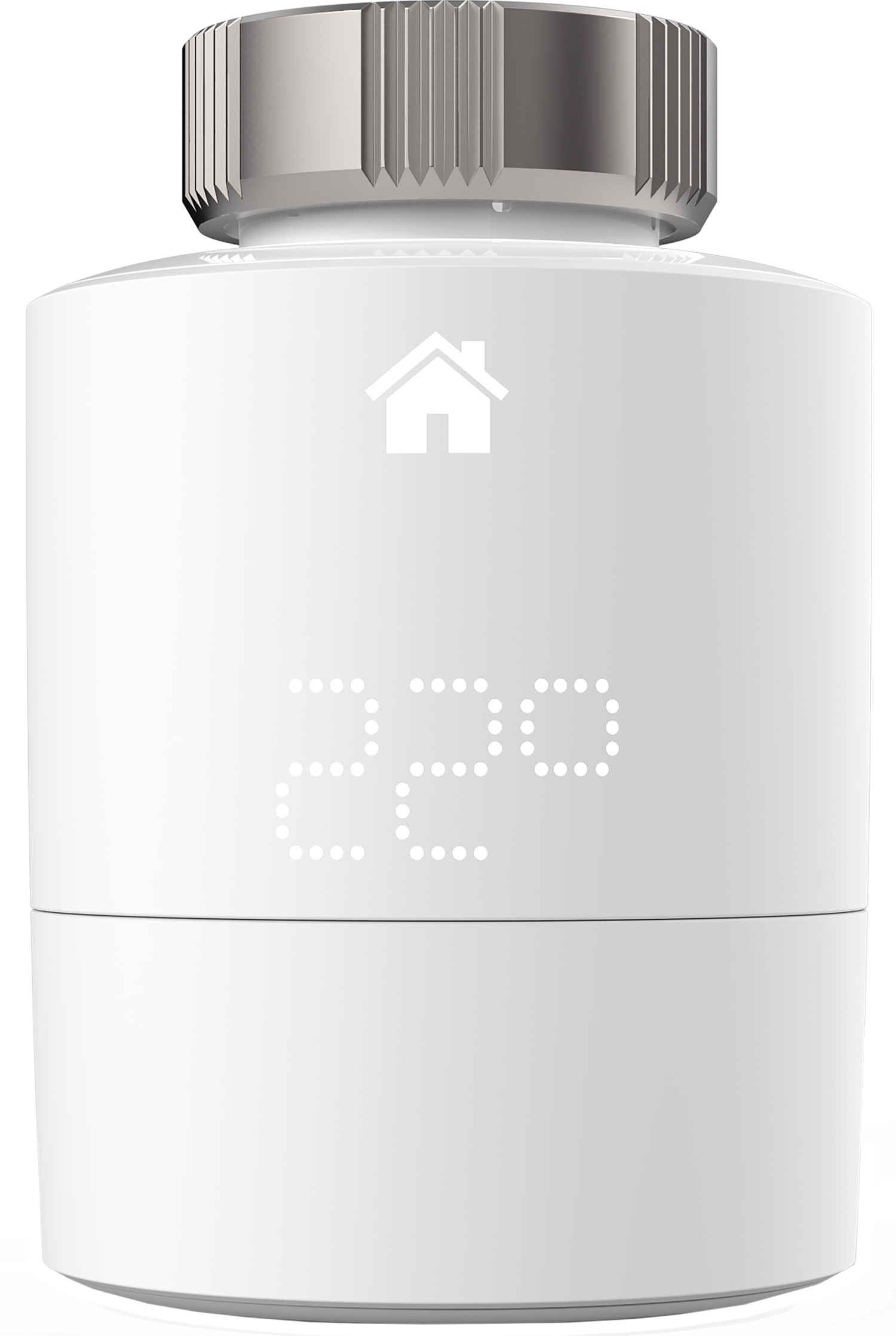 Witte slimme thermostaat met digitaal display met het nummer 220. Zilveren bovenkant en witte basis.
