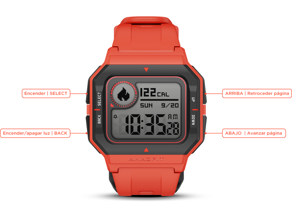 Reloj inteligente rojo con botones. Pantalla muestra hora, fecha y datos de actividad. Fondo negro.