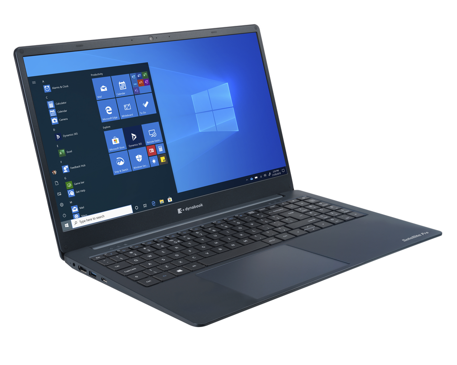 Un portátil Dynabook, azul oscuro, abierto sobre un fondo blanco. La pantalla muestra la pantalla de inicio de Windows 10.