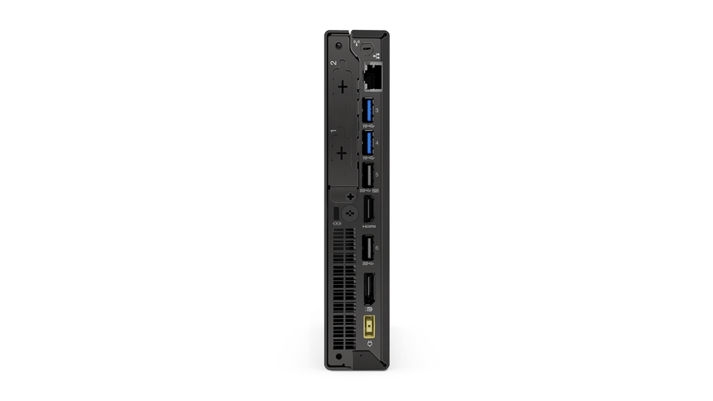 Una mini PC negra con varios puertos. La parte trasera del dispositivo es visible.