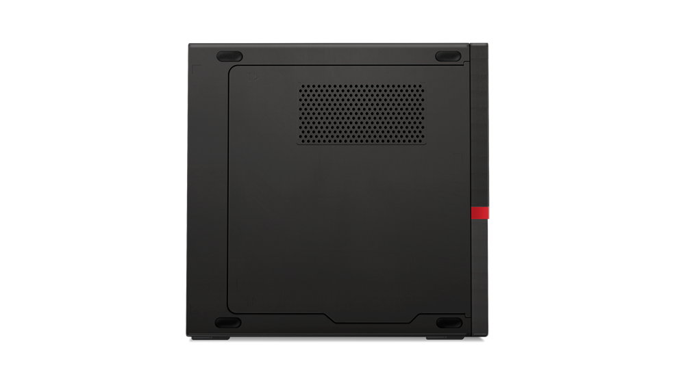 Una caja de computadora negra con acento rojo, vista inferior sobre fondo negro.