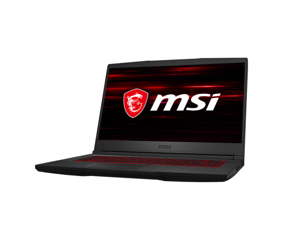 Laptop MSI negro, teclado retroiluminado rojo, logo MSI en la pantalla. Fondo negro.