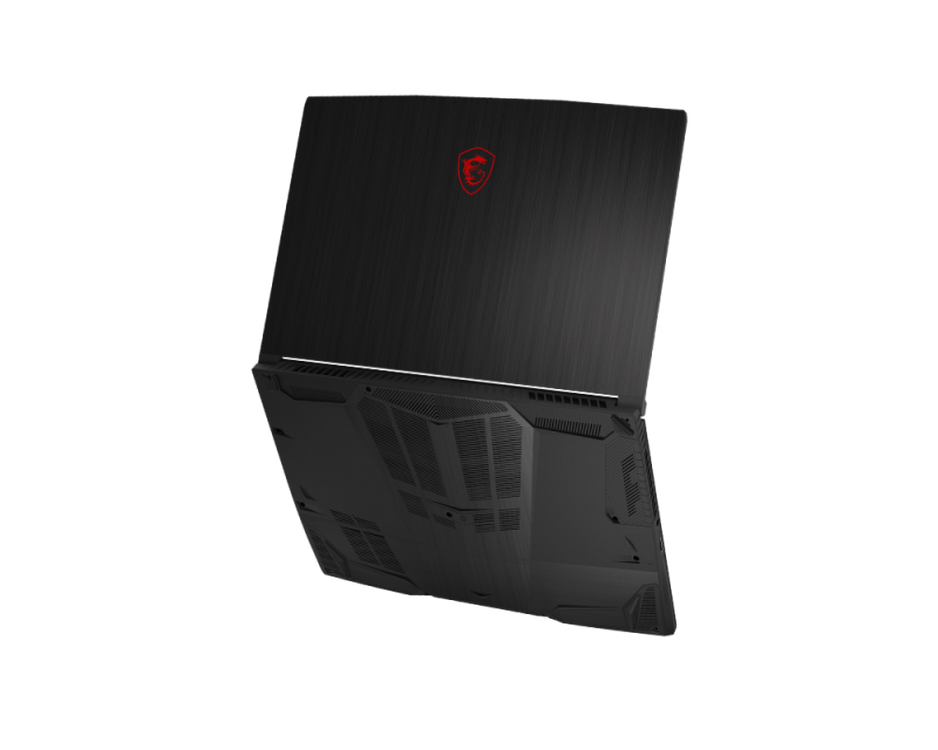 Portátil MSI, negro, vista inferior, con logotipo MSI en rojo.