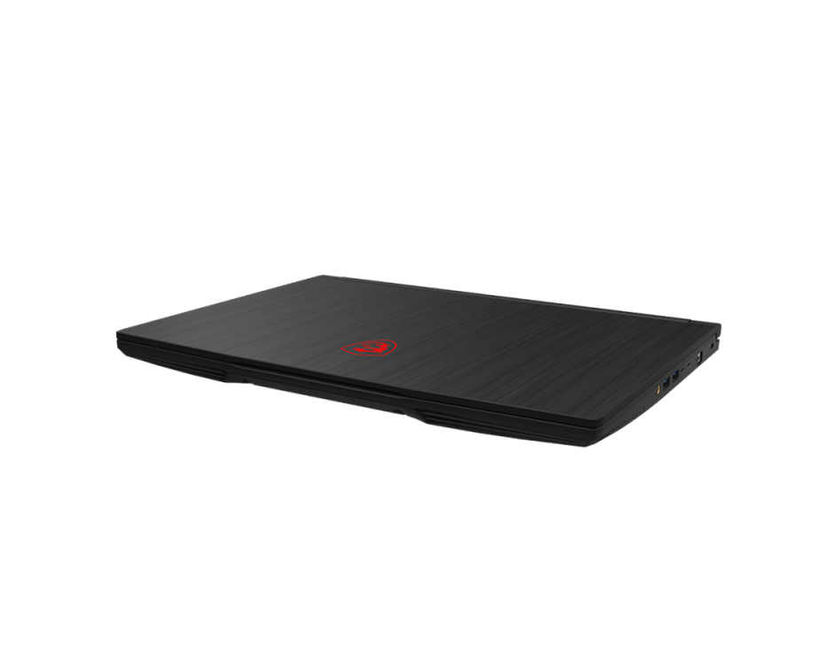 Portátil negro con el logotipo rojo de MSI en la cubierta superior, sobre un fondo negro.