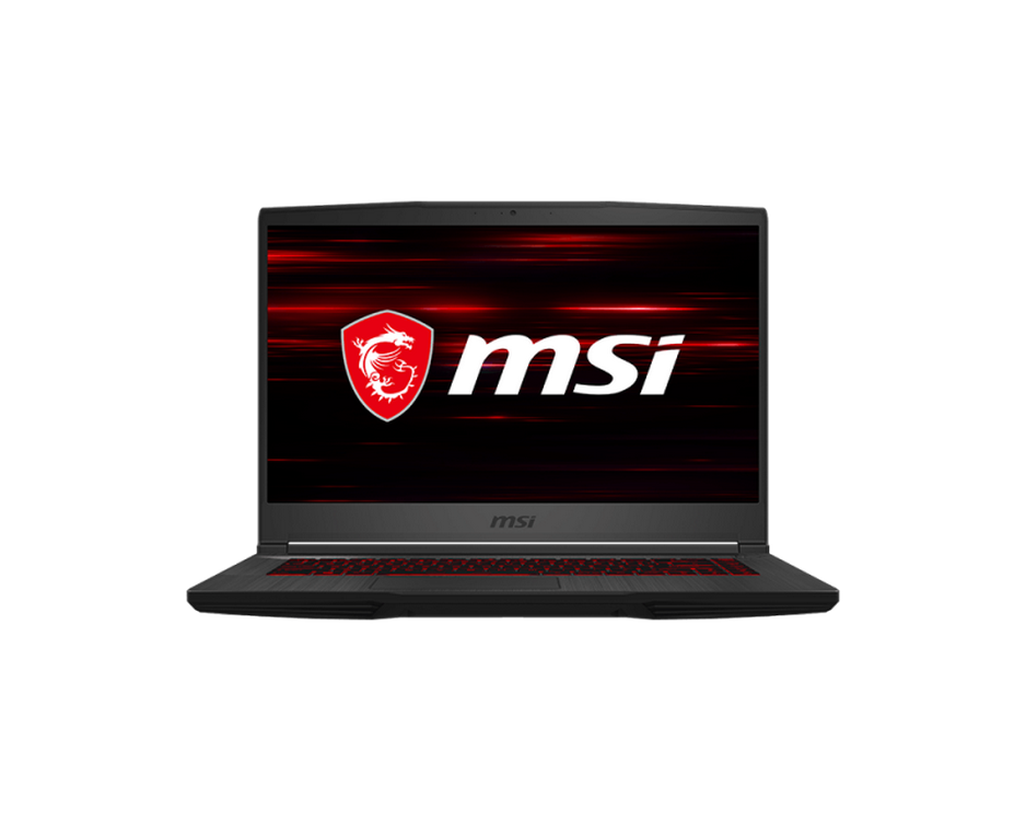 Portátil MSI negro, pantalla con logo, teclado rojo, marco negro, sobre fondo gris.