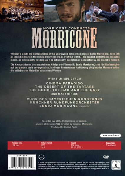 DVD-Cover von Morricone Conducts. Bild von Clint Eastwood. Text Details zu Filmmusik und Dirigenten.