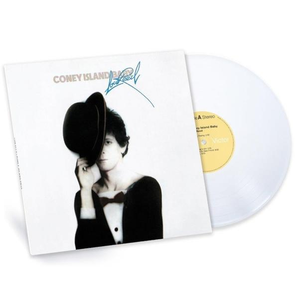 Vinil album borító Lou Reed képével. Jobbra egy fehér színű bakelit lemez látható.