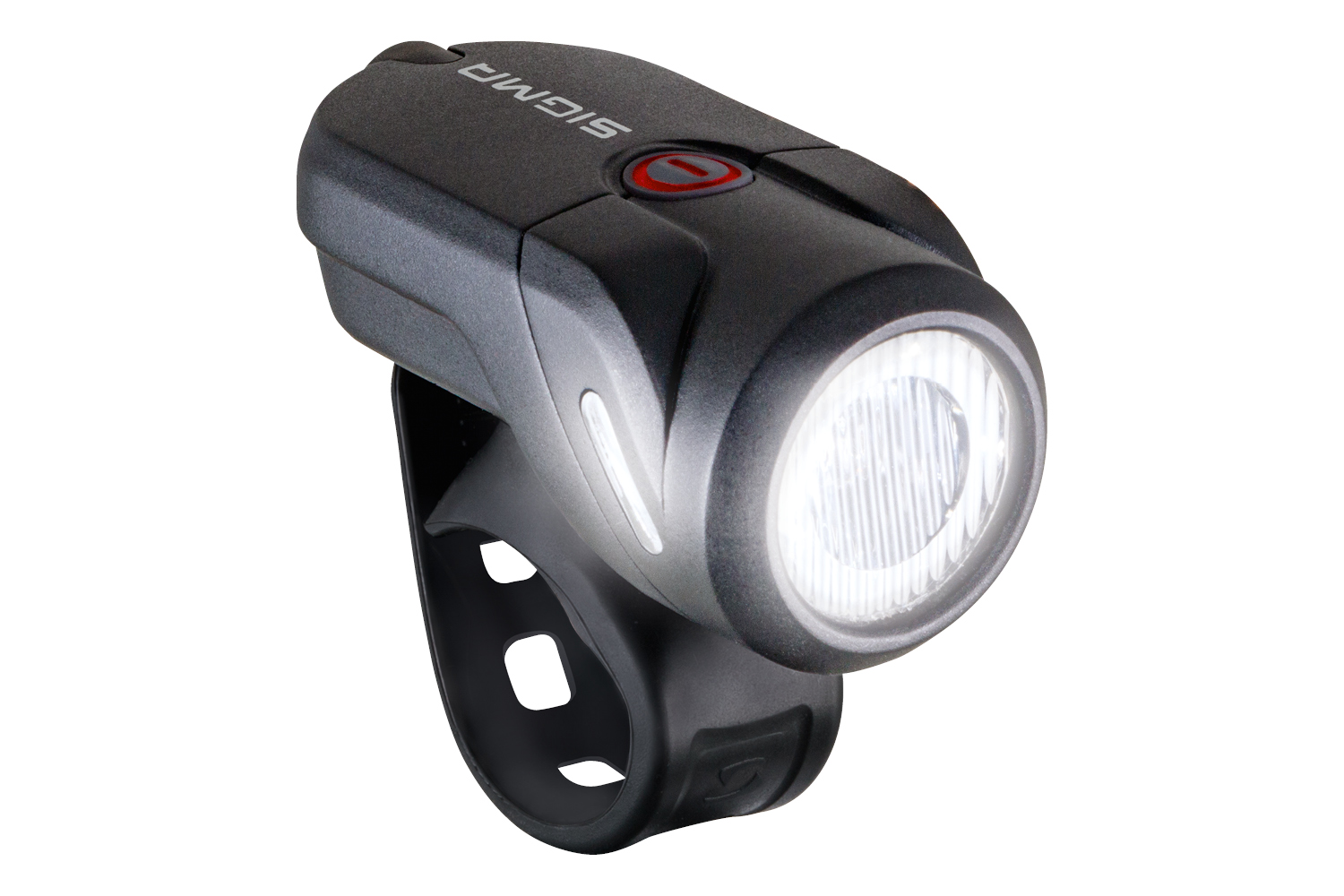 Ein schwarzes Sigma Fahrradlicht mit hellem weißem Licht. Es ist an einer schwarzen Halterung befestigt.