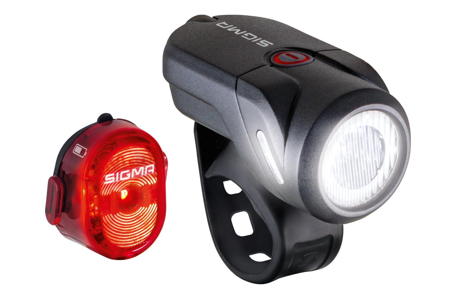 Schwarze und rote Sigma Fahrradlichter; vorne und hinten.