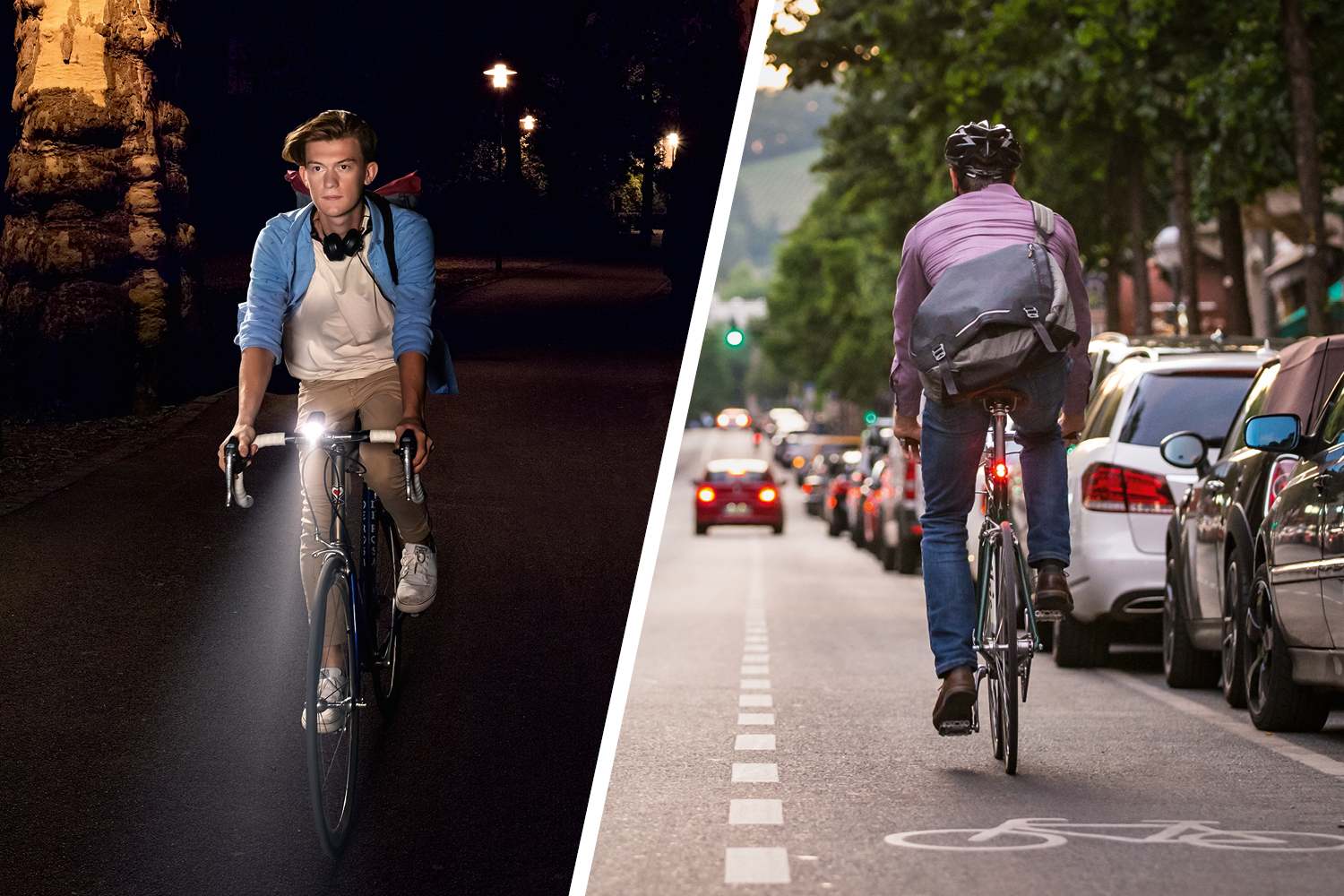 Zwei Radfahrer, einer nachts mit Scheinwerfer, der andere im Verkehr auf einem Radweg.