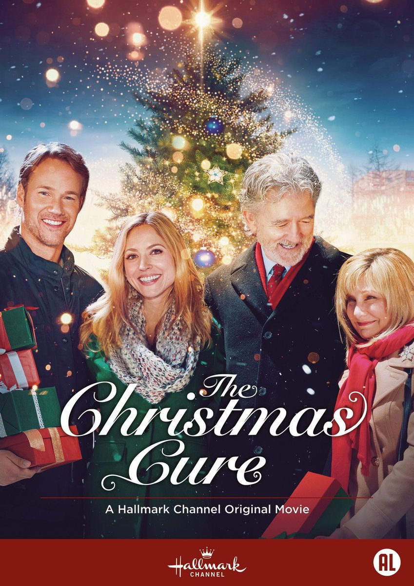 Een filmposter met vier mensen voor een kerstboom. De titel is The Christmas Cure.