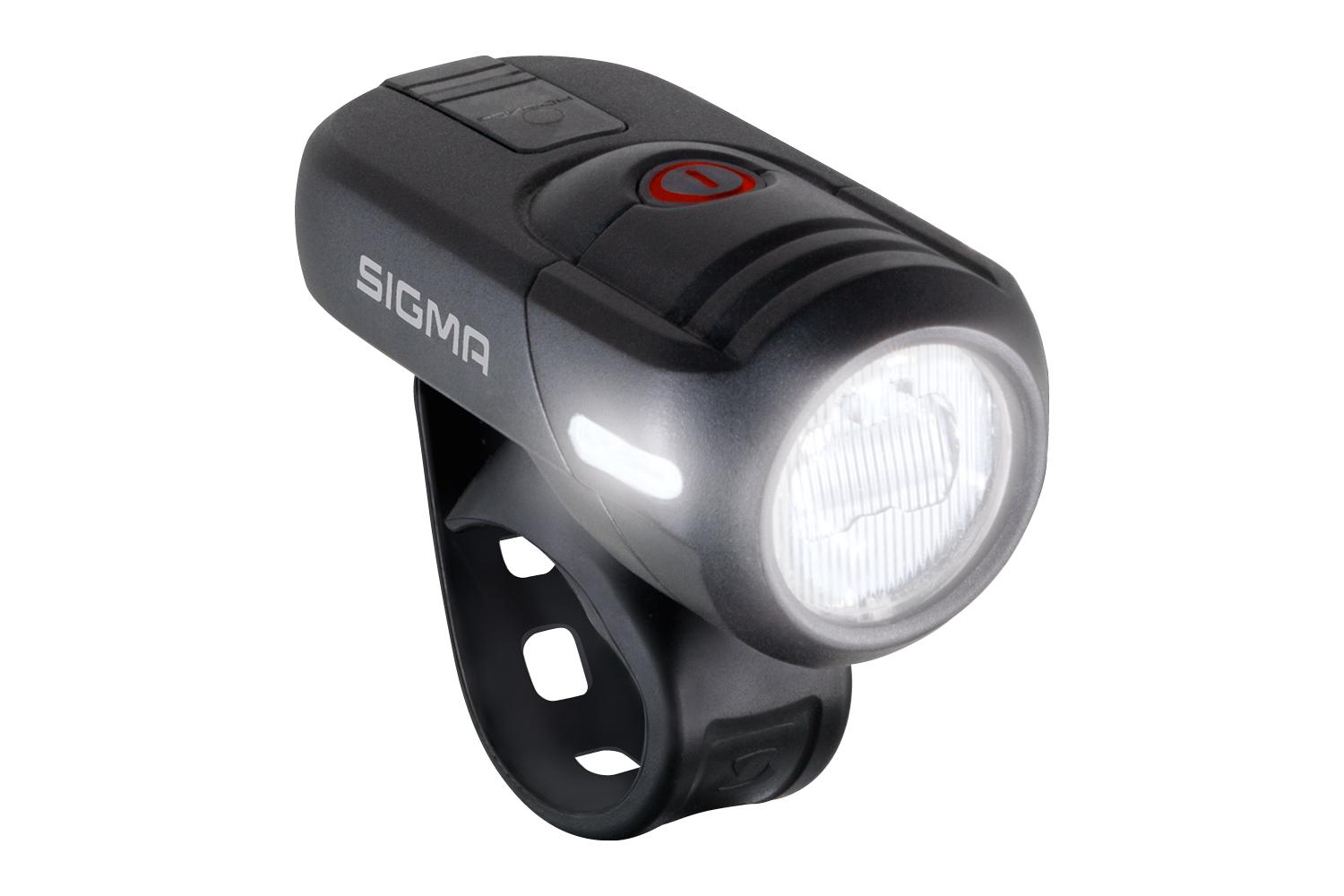 Ein schwarzes Sigma Fahrradlicht mit hellem weißen Licht und einem roten Knopf oben.