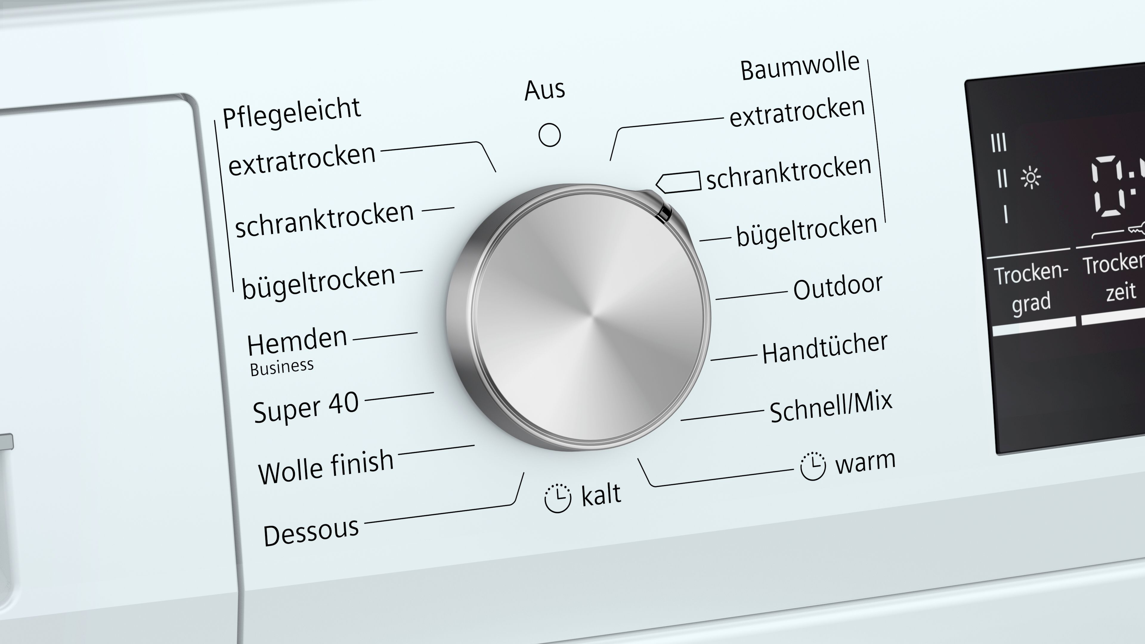 Nahaufnahme eines weißen Trocknerbedienfelds. Mit Drehknopf und Anzeige.