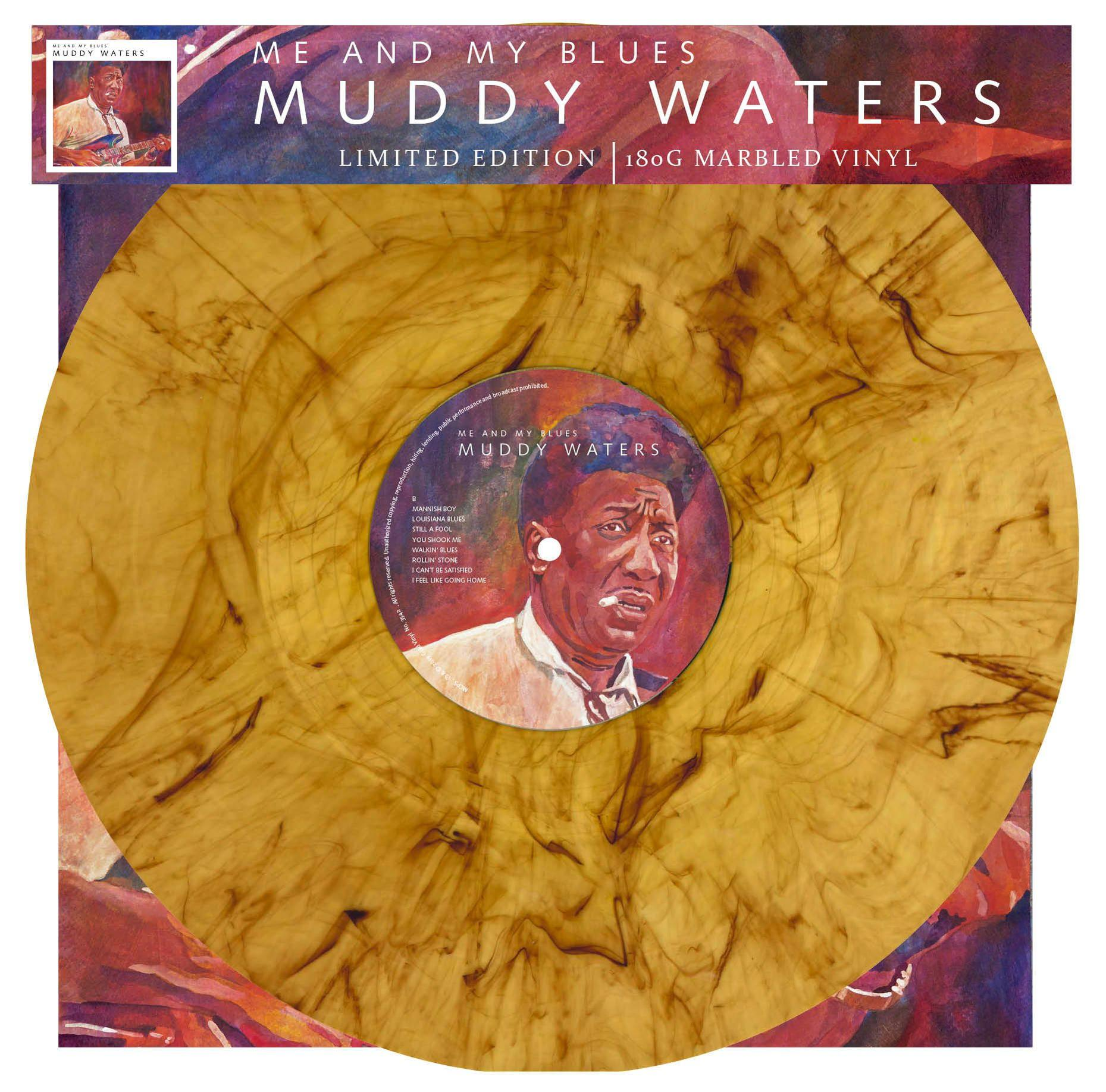 Sárga márványos vinyl Muddy Waters portréval. A borító gitározva mutatja.