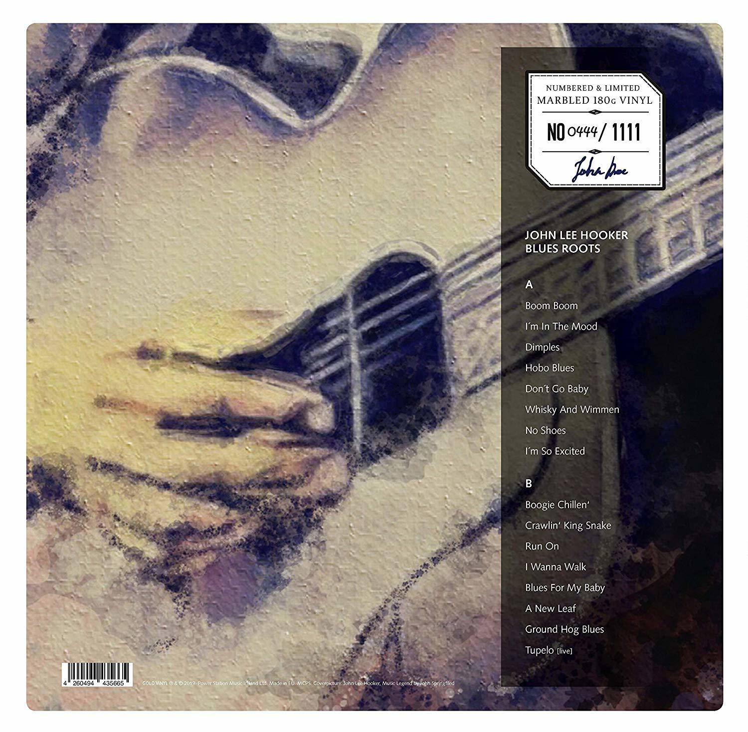 Vinyl lemezborító: John Lee Hooker, Blues Roots. Gitár és a művész nevének közeli képe.