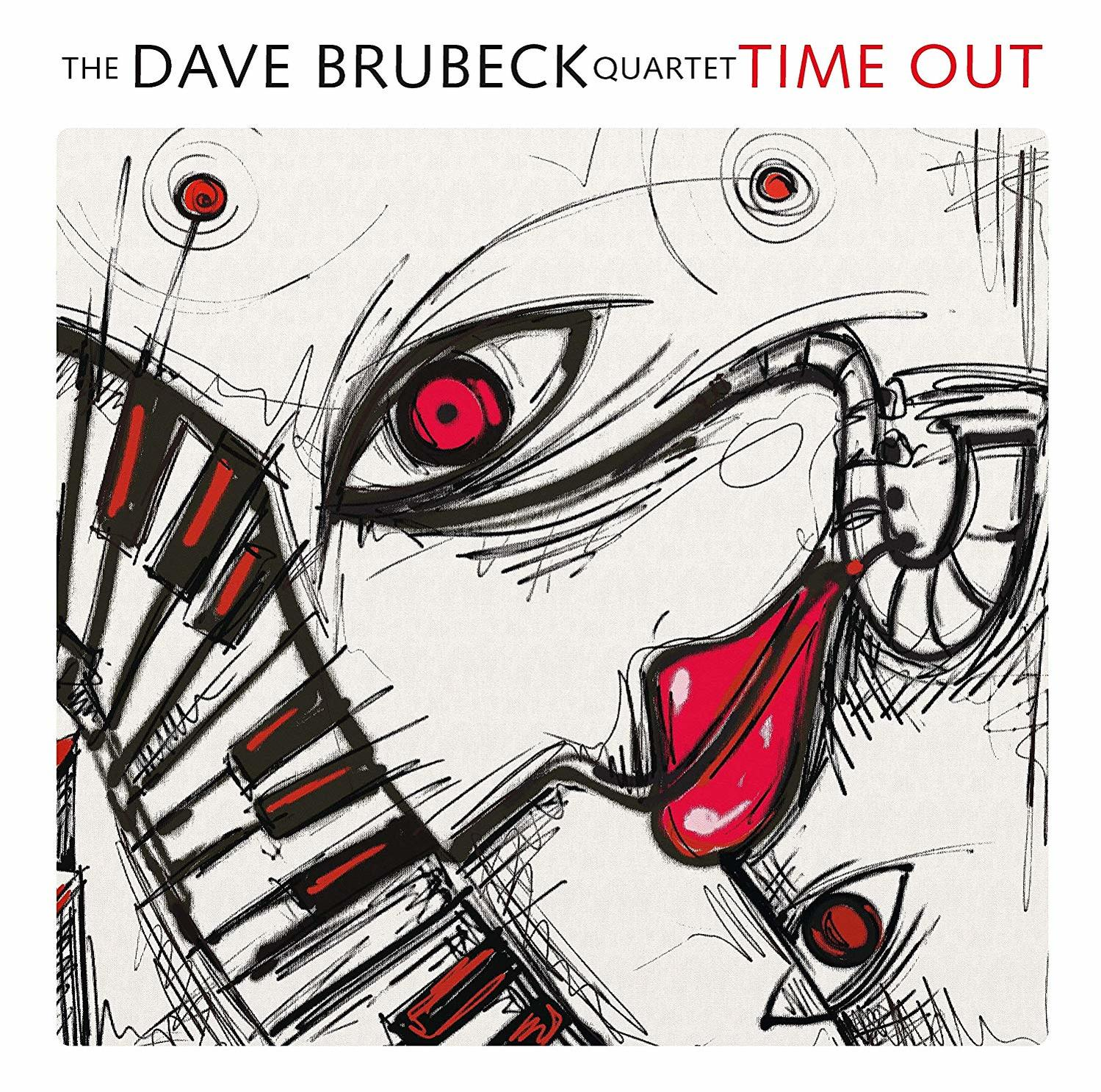 Absztrakt művészet piros szemekkel, zongorabillentyűkkel és ajkakkal. Szöveg: The Dave Brubeck Quartet Time Out.