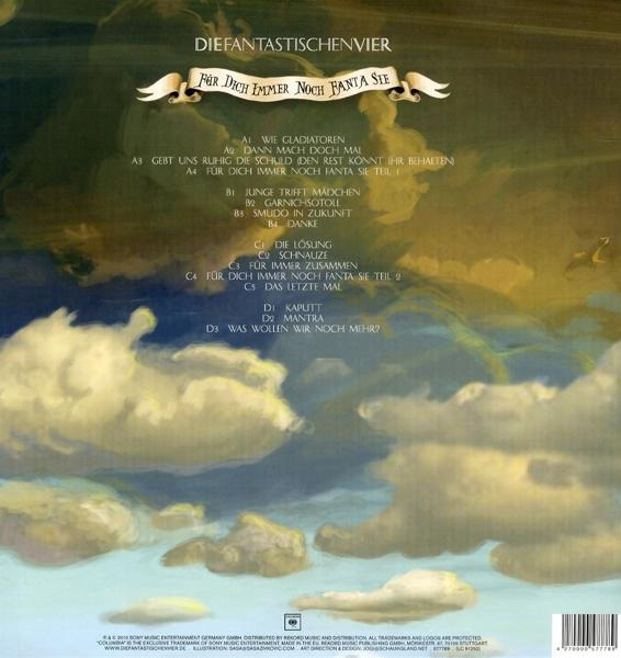 Rückseite eines Albums mit Text und Wolkenhintergrund.