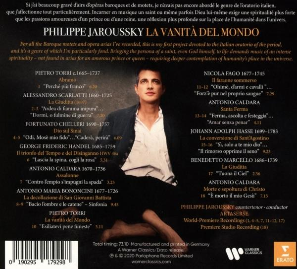 CD-Cover mit Text über Barockmusik, mit einem Männerporträt. Titel: Philippe Jaroussky La Vanita Del Mondo.