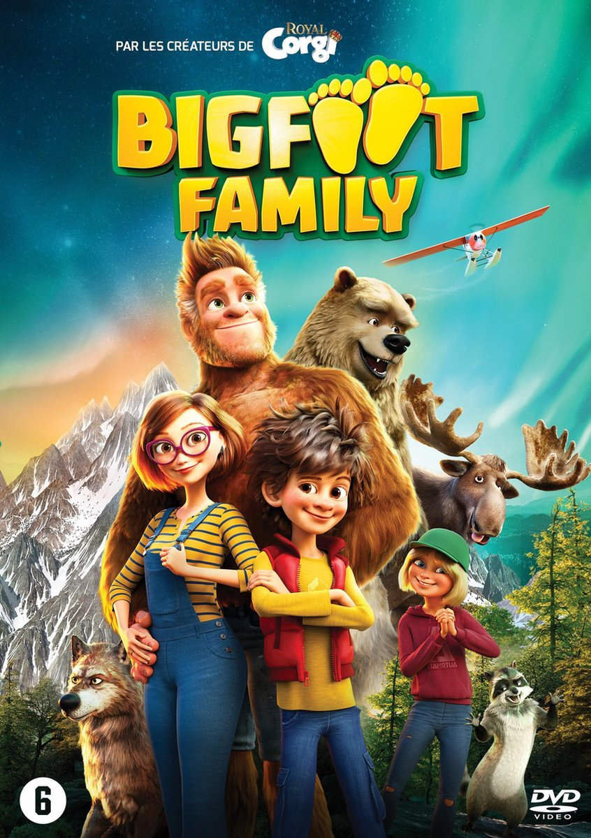 Filmposter van 'Bigfoot Family' met animatiefiguren, bergen en een vliegtuig.