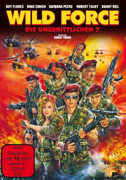Filmplakat: Soldaten mit Waffen, Hubschrauber im Hintergrund. Titel 'Wild Force'.