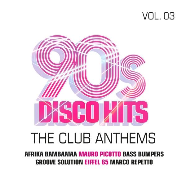 Albumcover mit den Worten '90s Disco Hits'. Das Cover hat ein rosa-weißes Farbschema.