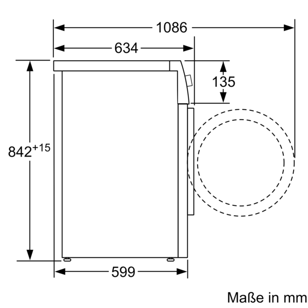 Diagramm eines Kühlschranks, zeigt Abmessungen in mm. Seitenansicht.