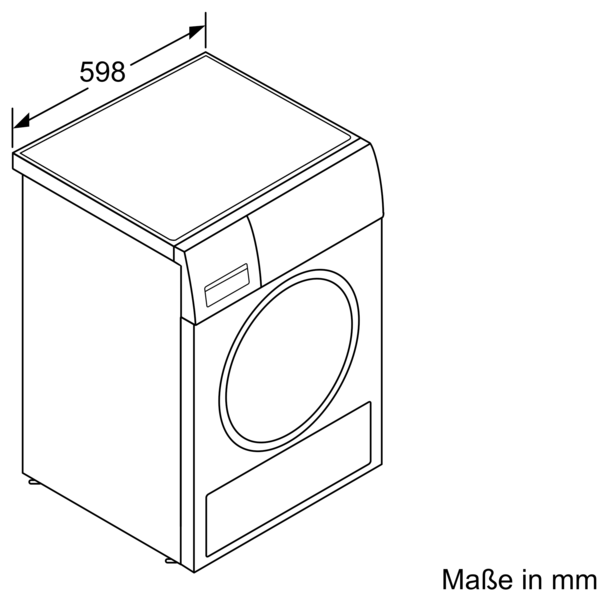 Eine weiße Waschmaschine, obere Ecke, mit den Maßen 598 mm.