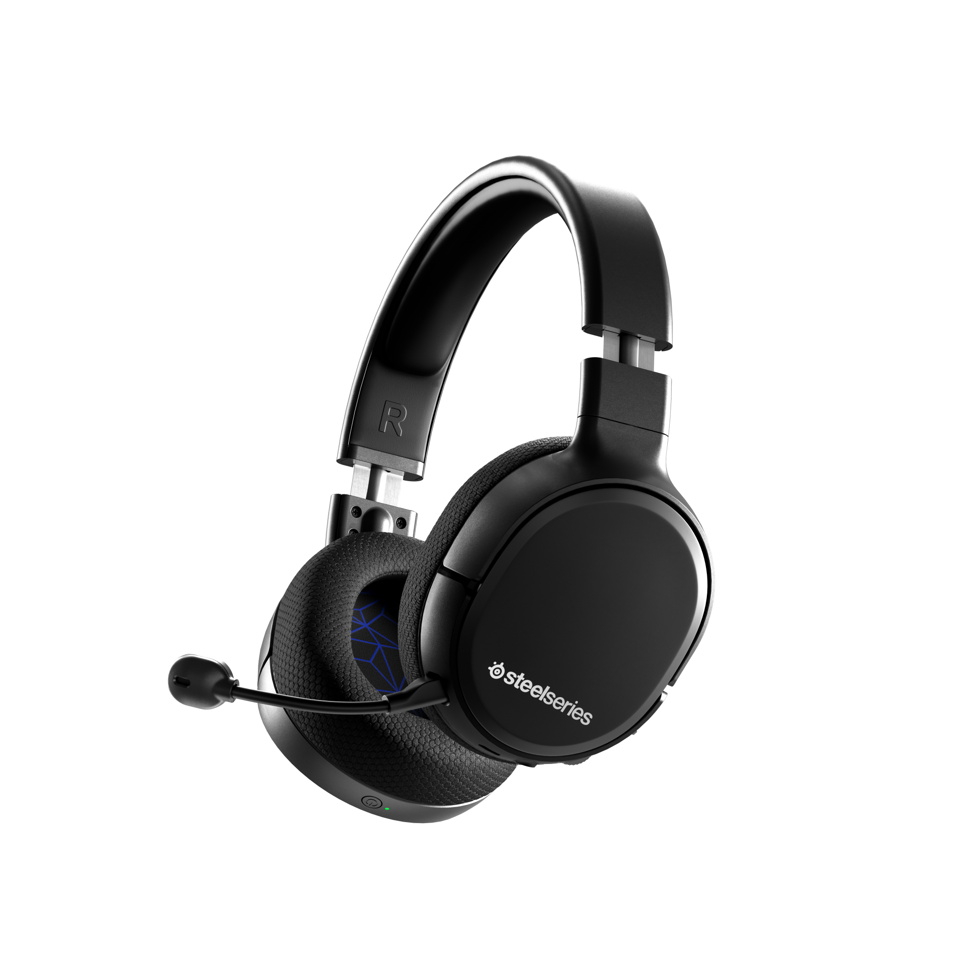 Siyah SteelSeries kulaklık, mikrofonlu, siyah arka planda.