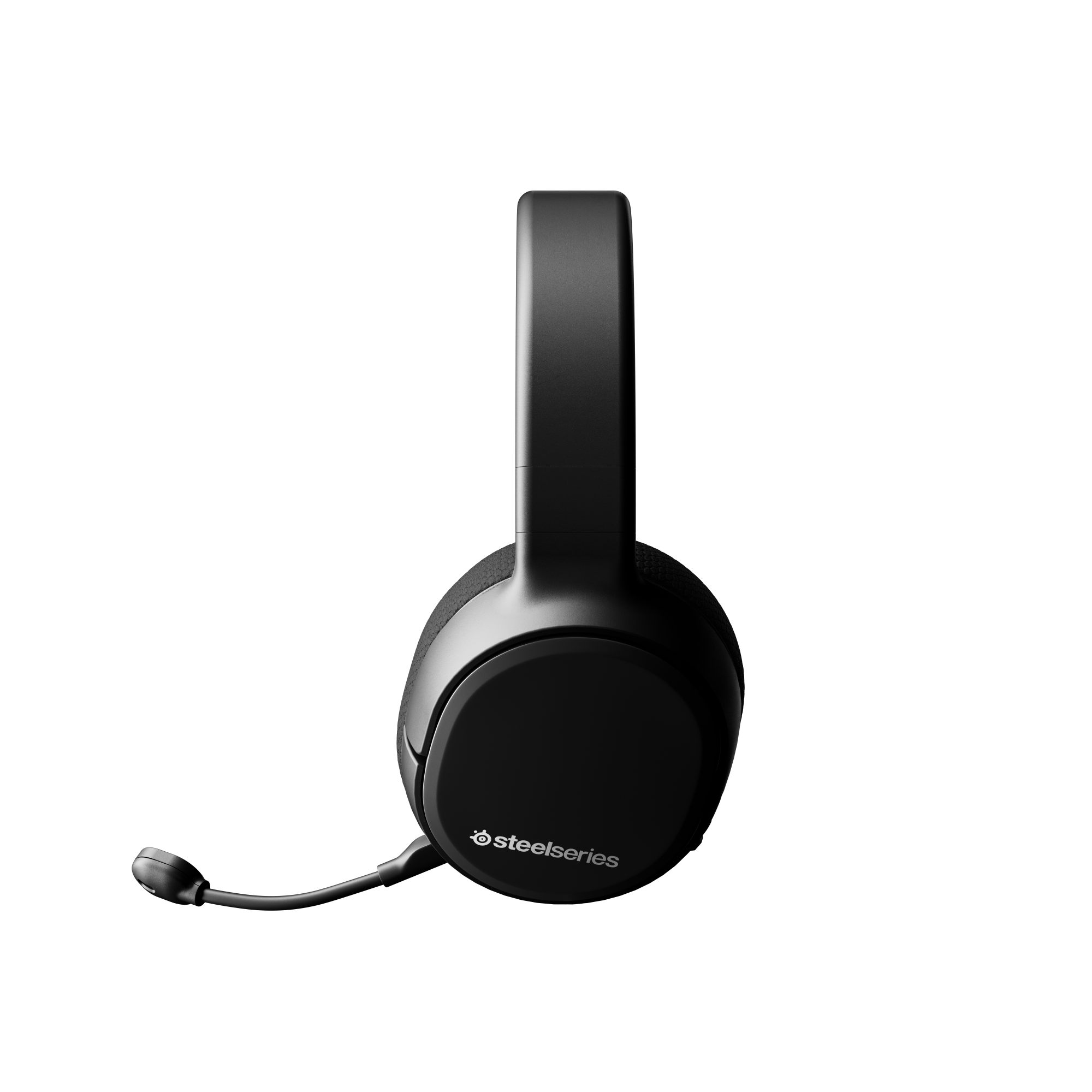 Siyah SteelSeries kulaklıklar, mikrofonlu, siyah bir arka plan üzerinde.