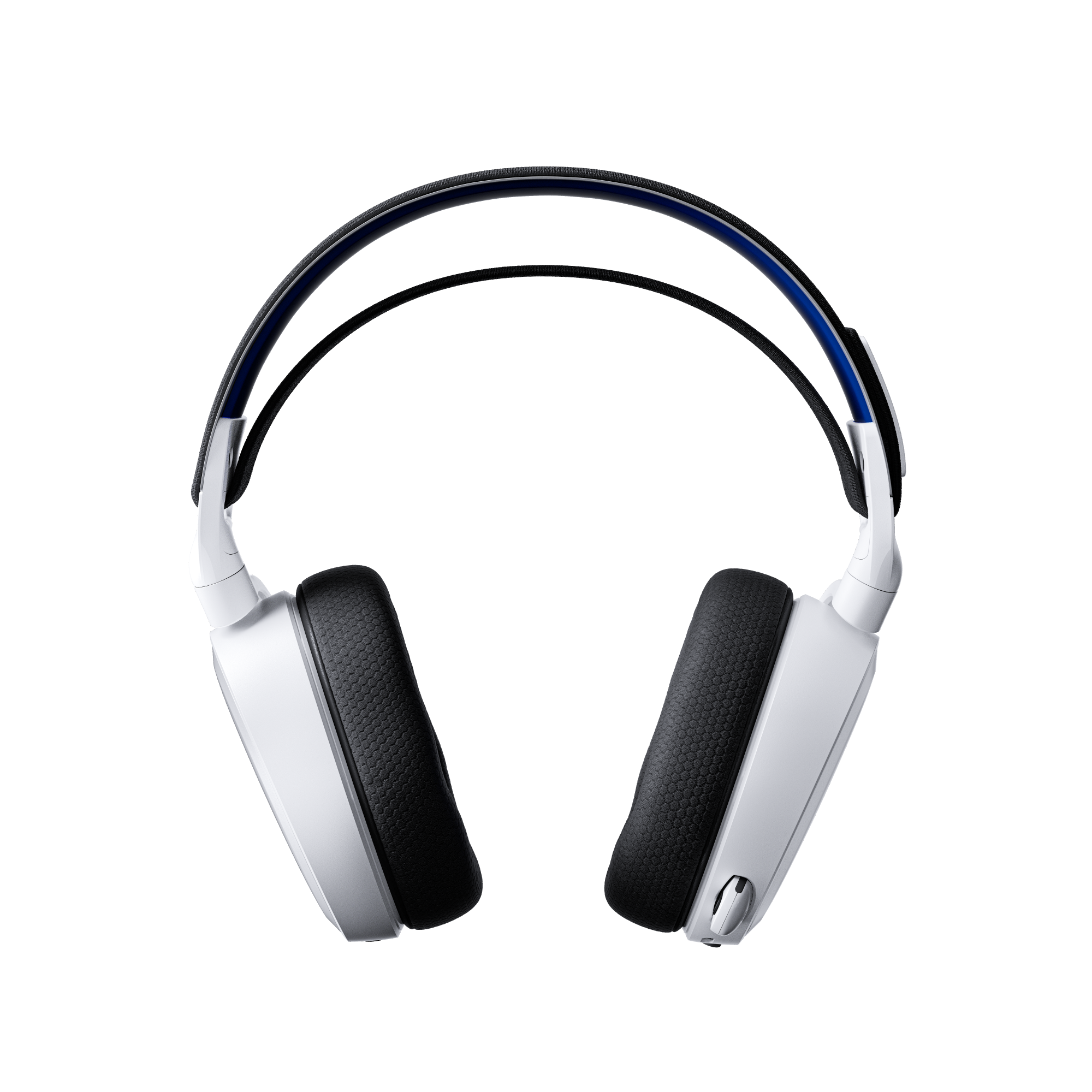 Siyah zemin üzerinde beyaz ve mavi SteelSeries oyun kulaklığı