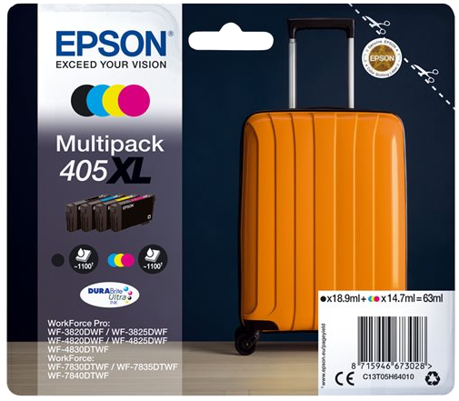 Multipack de cartouches d'encre Epson à côté d'une valise orange, avec texte et logos.