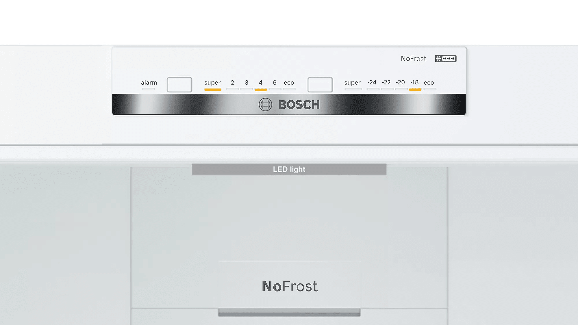 Panel de control del refrigerador blanco con configuraciones y el logotipo de Bosch.