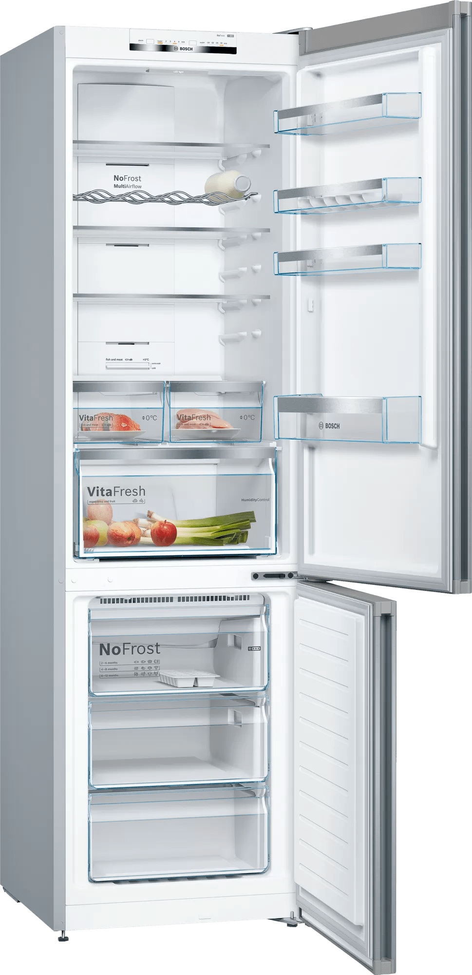 Refrigerador blanco abierto que muestra estantes, cajones y contenido. La puerta está abierta.