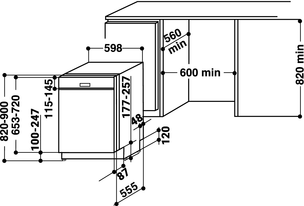 Schematische Darstellung eines Geschirrspülers mit Abmessungen in Millimetern.