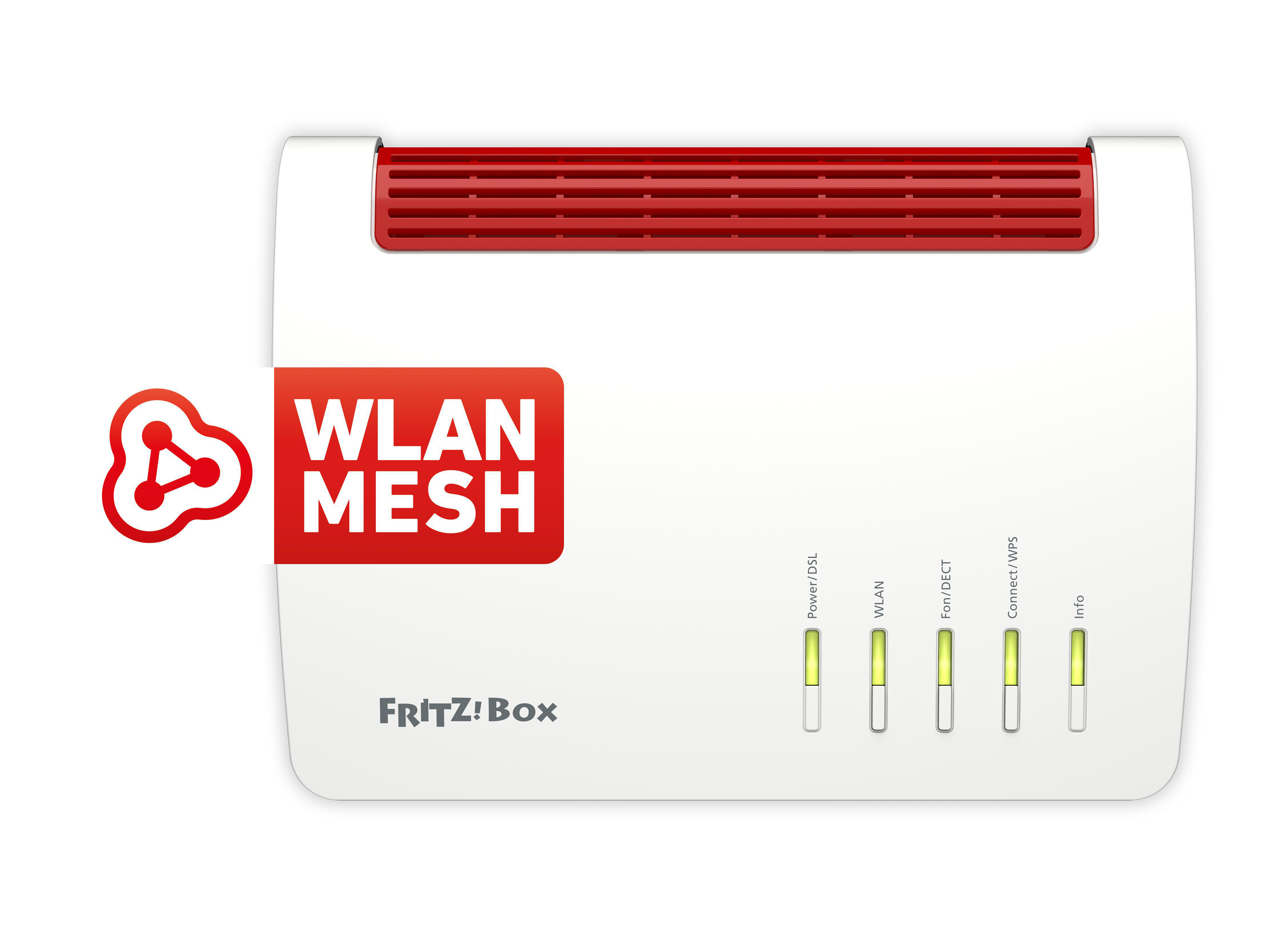 Weißer und roter WLAN-Mesh-Router. Vorderansicht, mit Lichtern und Logo.