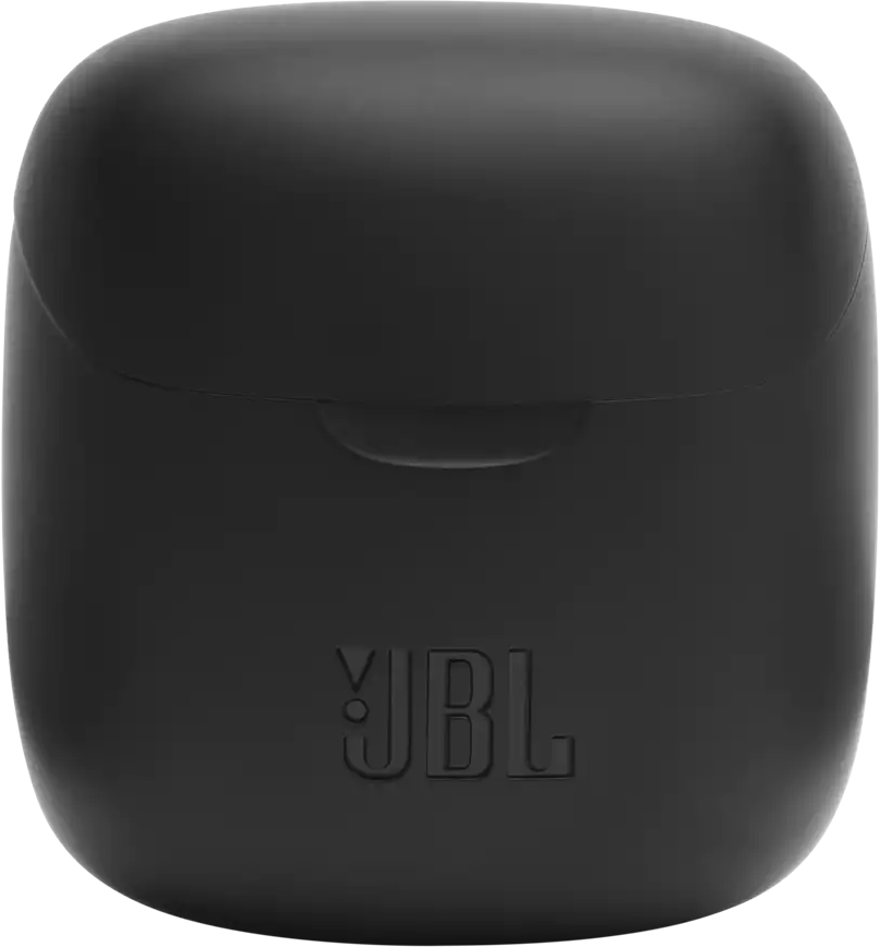 Fekete JBL fülhallgató töltőtok, felülnézet, a márka logójával elöl.