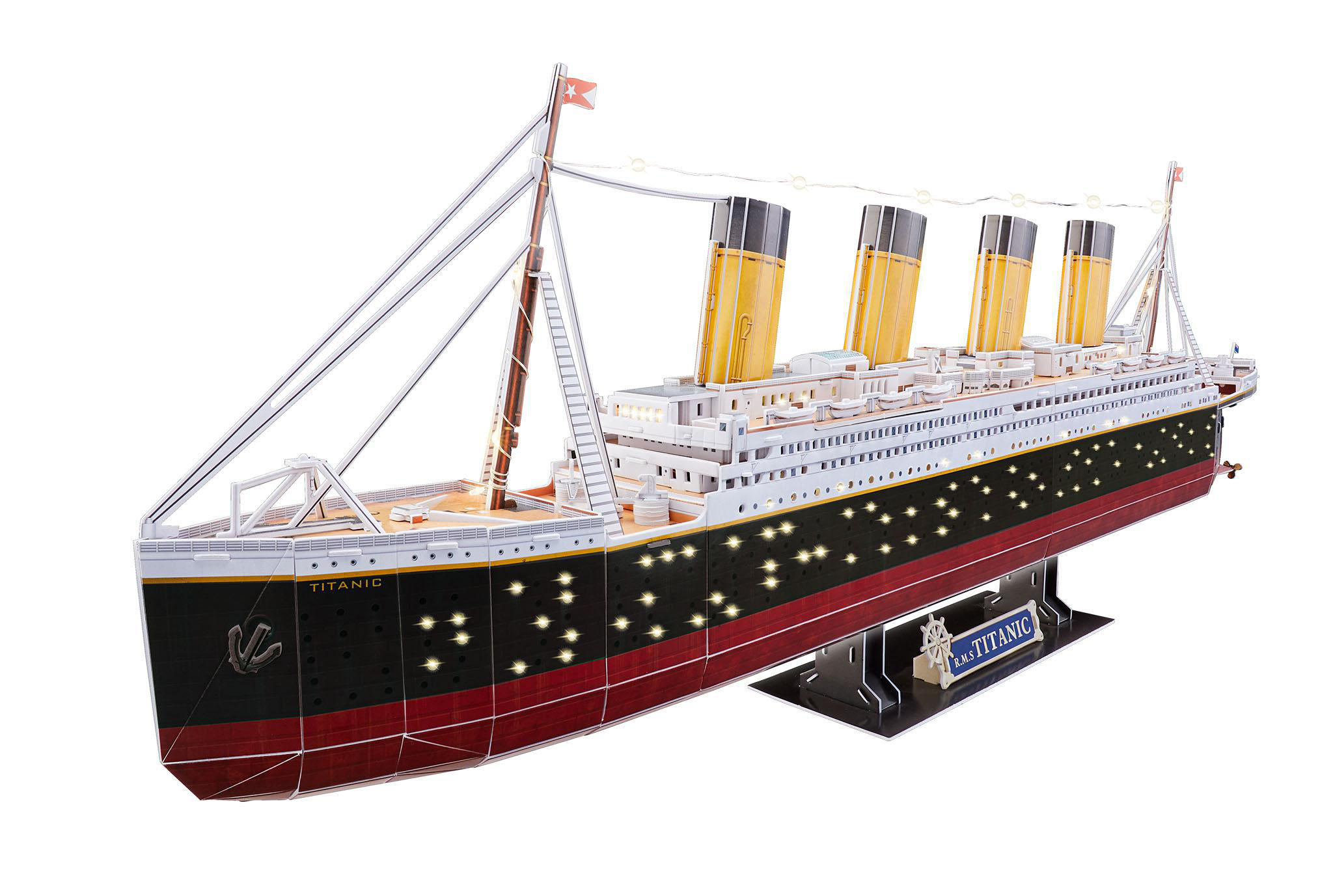 Ein Modell des Titanic-Schiffs. Schwarz-Weiß-Design, Lichter an der Seite und ein Ständer.