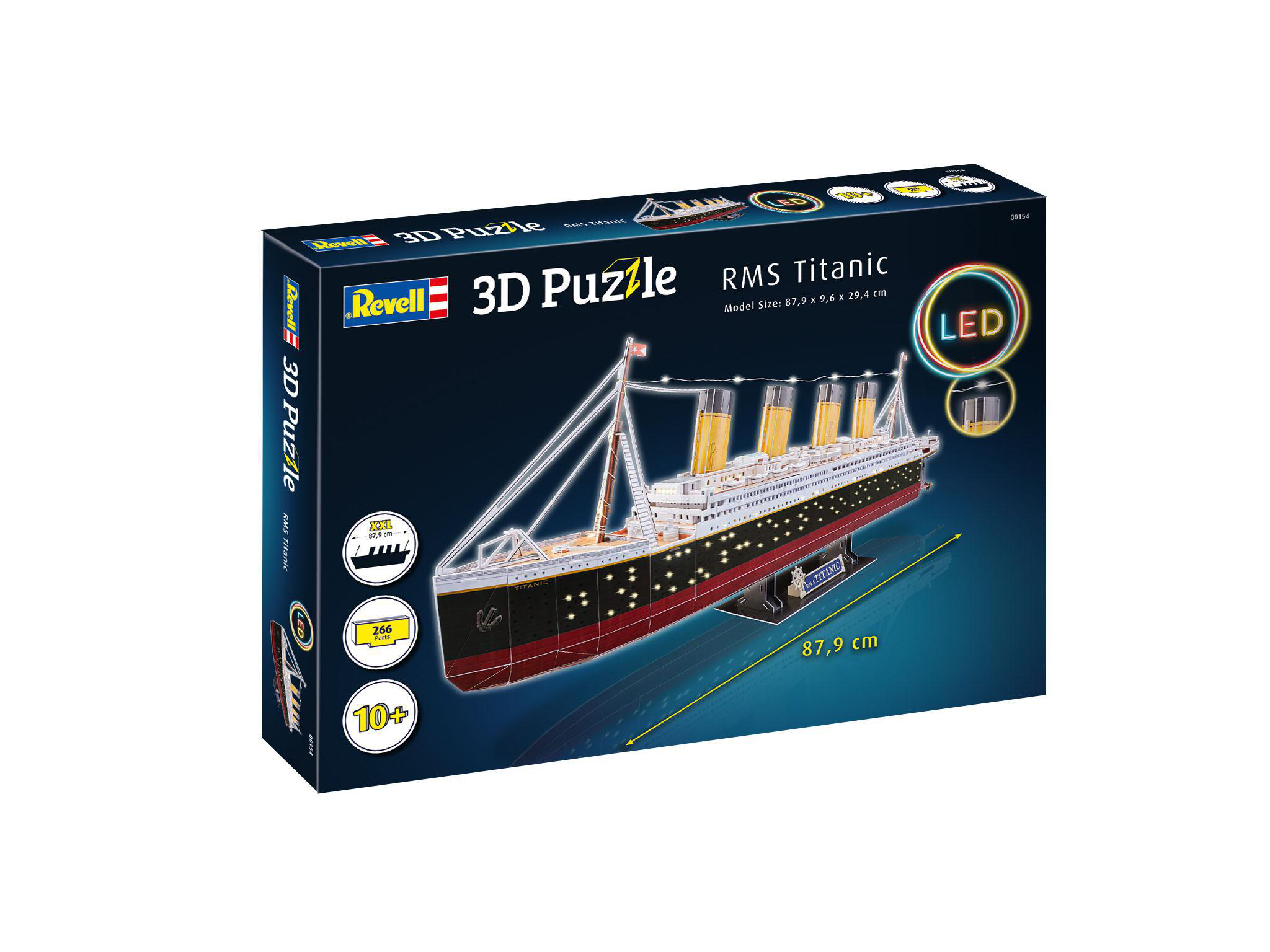 RMS Titanic 3D-Puzzle-Box. Die Box zeigt das Modell mit LED-Leuchten und die Eigenschaften des Puzzles.