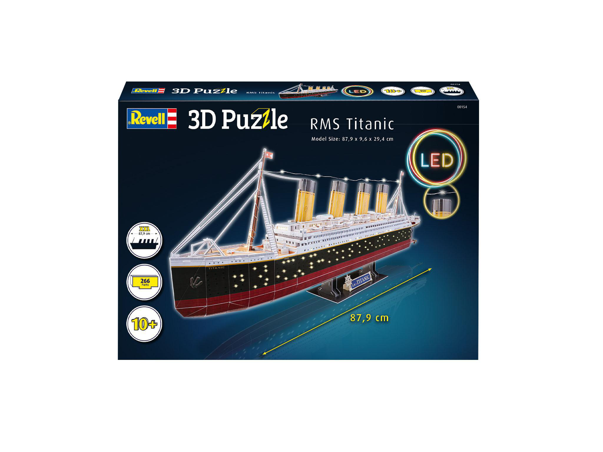 3D-Puzzelbox der RMS Titanic, mit Schiff und Modellgröße.