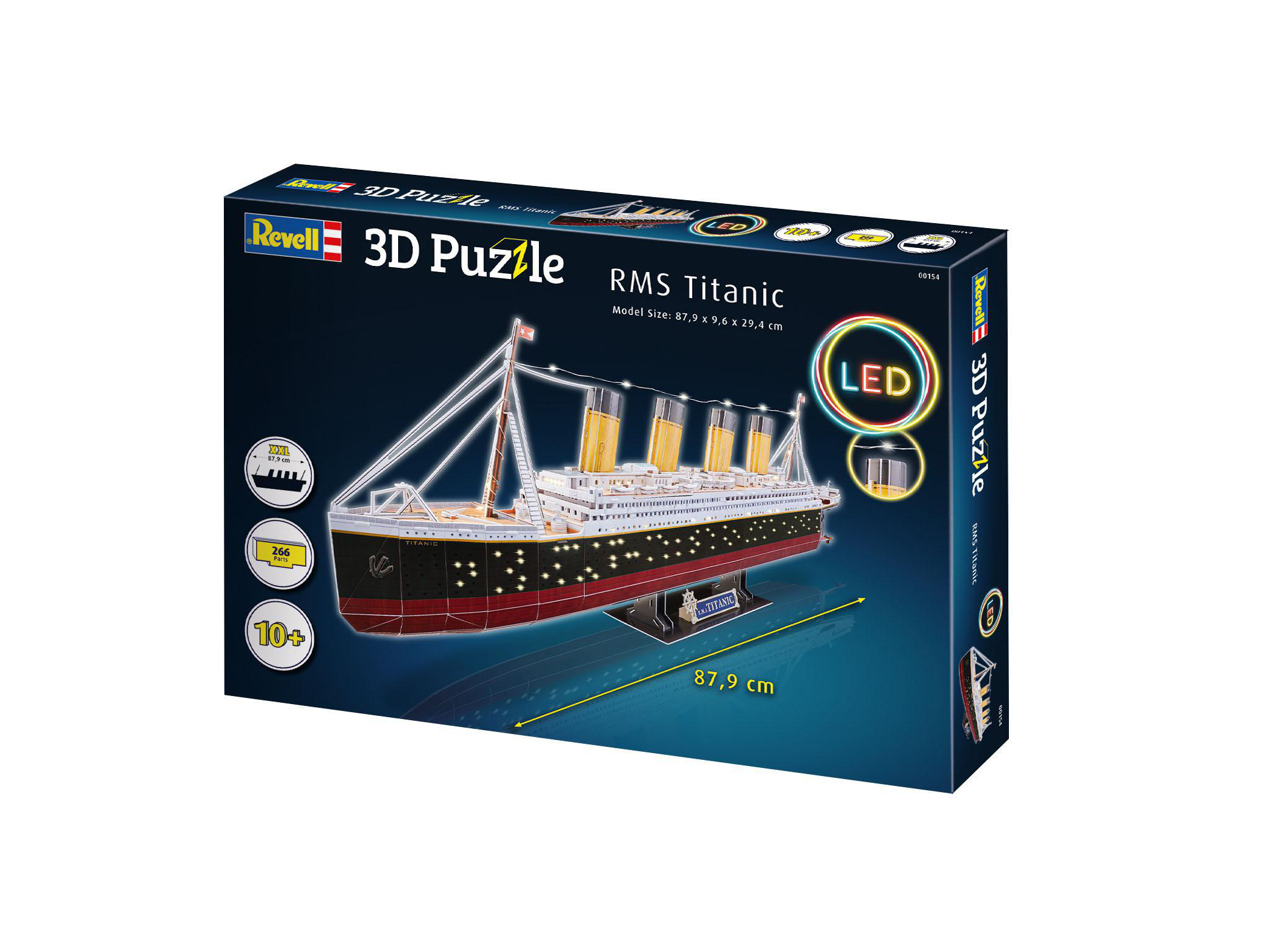 Schachtel eines 3D-Puzzles, das die RMS Titanic darstellt, mit Modellbild und Details.