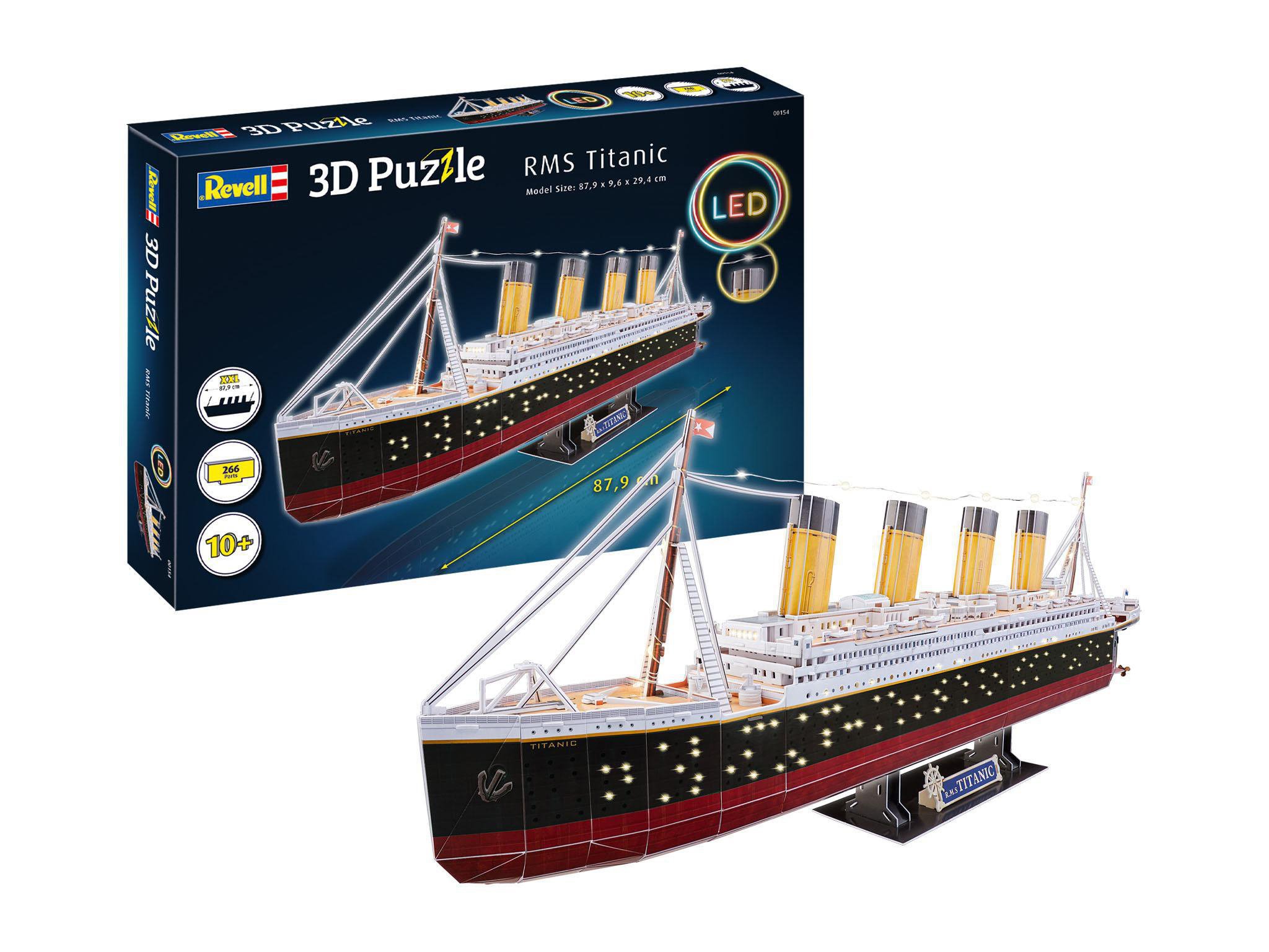 3D-Titanic-Puzzle, Box zeigt Schiff, montiertes Modell mit LED-Leuchten auf weißem Hintergrund.