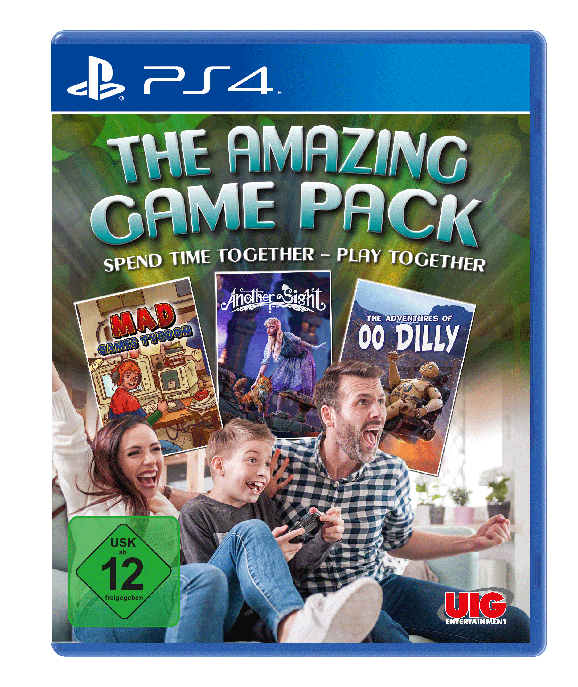 Familie spielt PS4-Spiel. Das Cover zeigt drei Spieletitel. Aufgeregte Gesichter.
